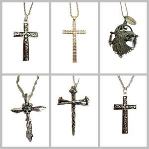 Lot of 6 Men's Cross Eagle Pendant Necklaces Skull Nail Rhinestone Western